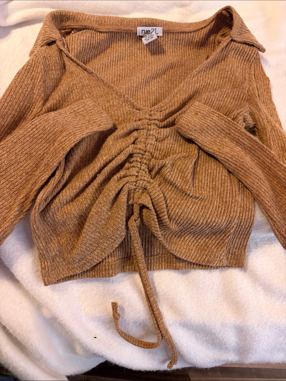 rue21 Tan Ribbed V-Neck Drawstring Sweater